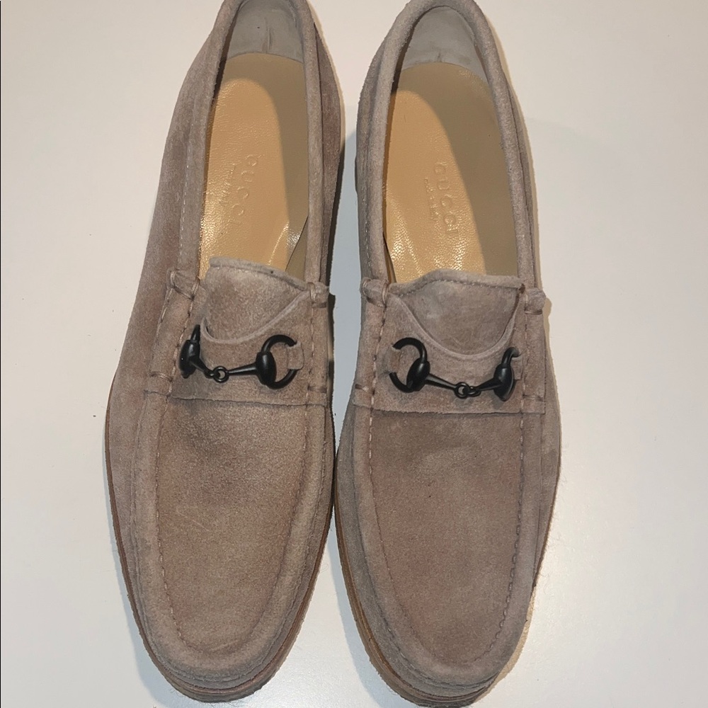 Gucci womens 7 1/2 Beige Suede Loafers with Black metal horsebit